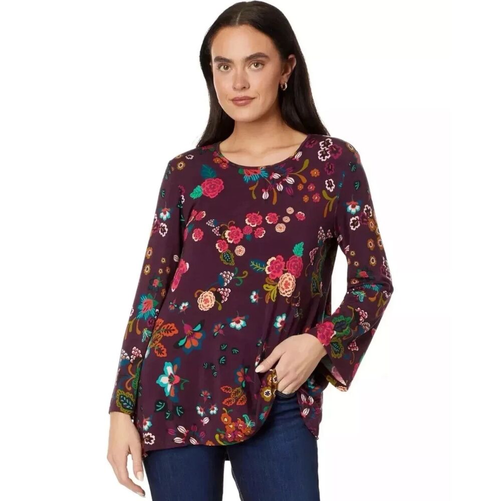 Johnny Was Janie Favorite High Neck Swing Tunic Womens Small Purple Boho Floral